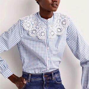Blue Boden Gingham Women's Top with Lace Collar